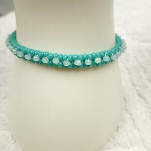HANDMADE ~Aqua Herringbone & Baby Blue Crystals  Bracelet ~ 6¾"